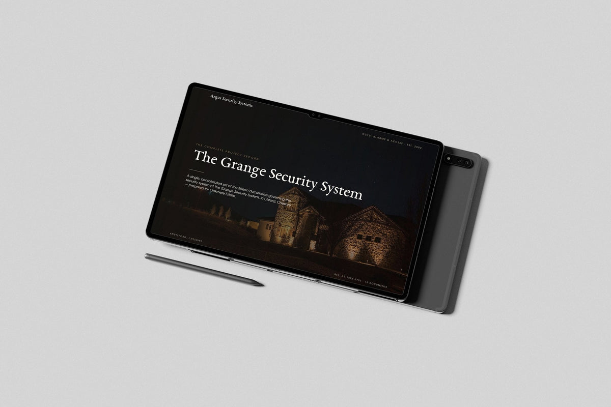 Security & CCTV Installer Project Pack in PowerPoint, shown on a tablet