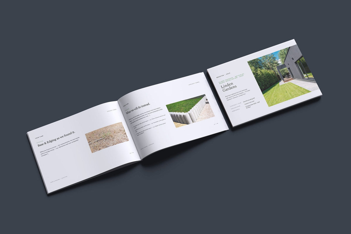 Artificial Grass Client Package, Slate colourway, cover and inside spread mockup