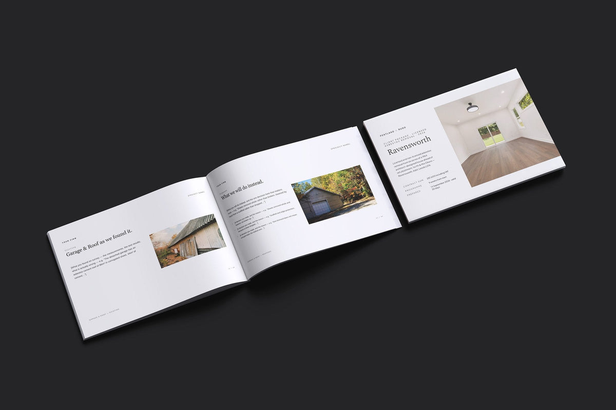 Asbestos Removal Client Package, Ivory colourway, cover and inside spread mockup