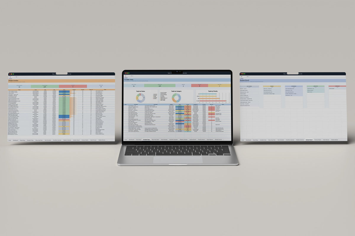 Asbestos Removal Task Tracker 2.0 Excel template, Variable Tasks tab on a laptop screen