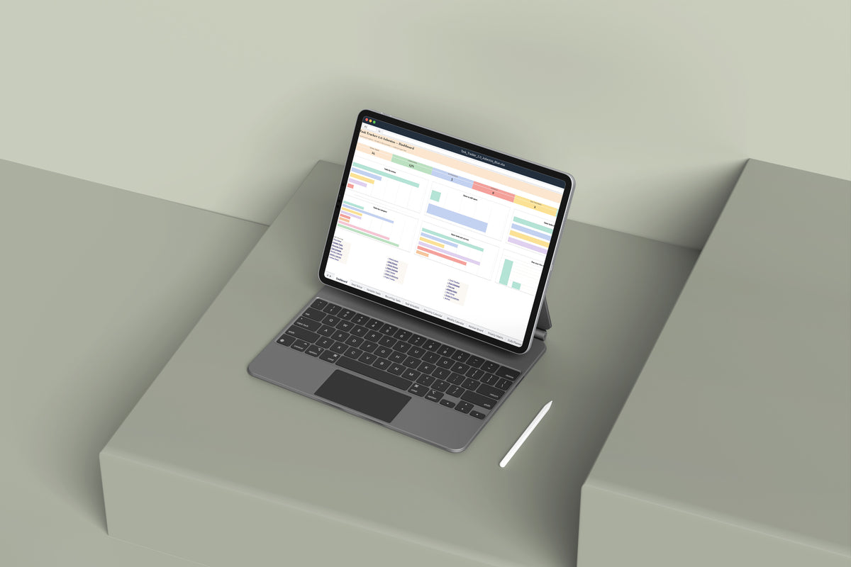 Task Tracker Asbestos Excel template on an iPad with keyboard