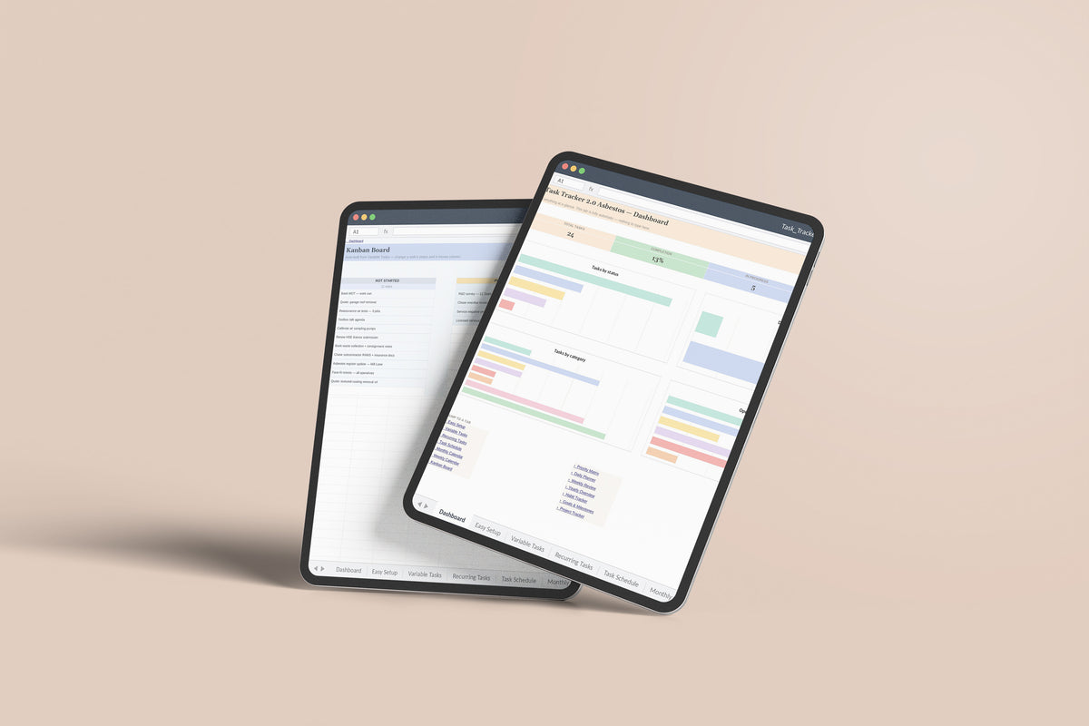 Task Tracker Asbestos Excel template on an iPad Pro