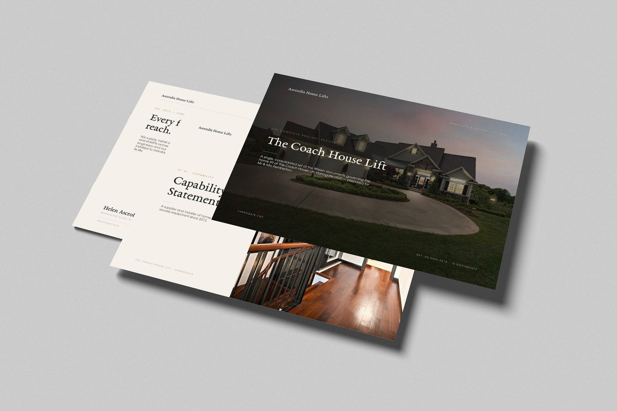 Home Lift Installer Project Pack in PowerPoint, printed pages floating