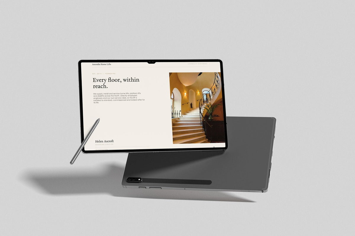 Home Lift Installer Project Pack in PowerPoint, inside pages shown on a tablet