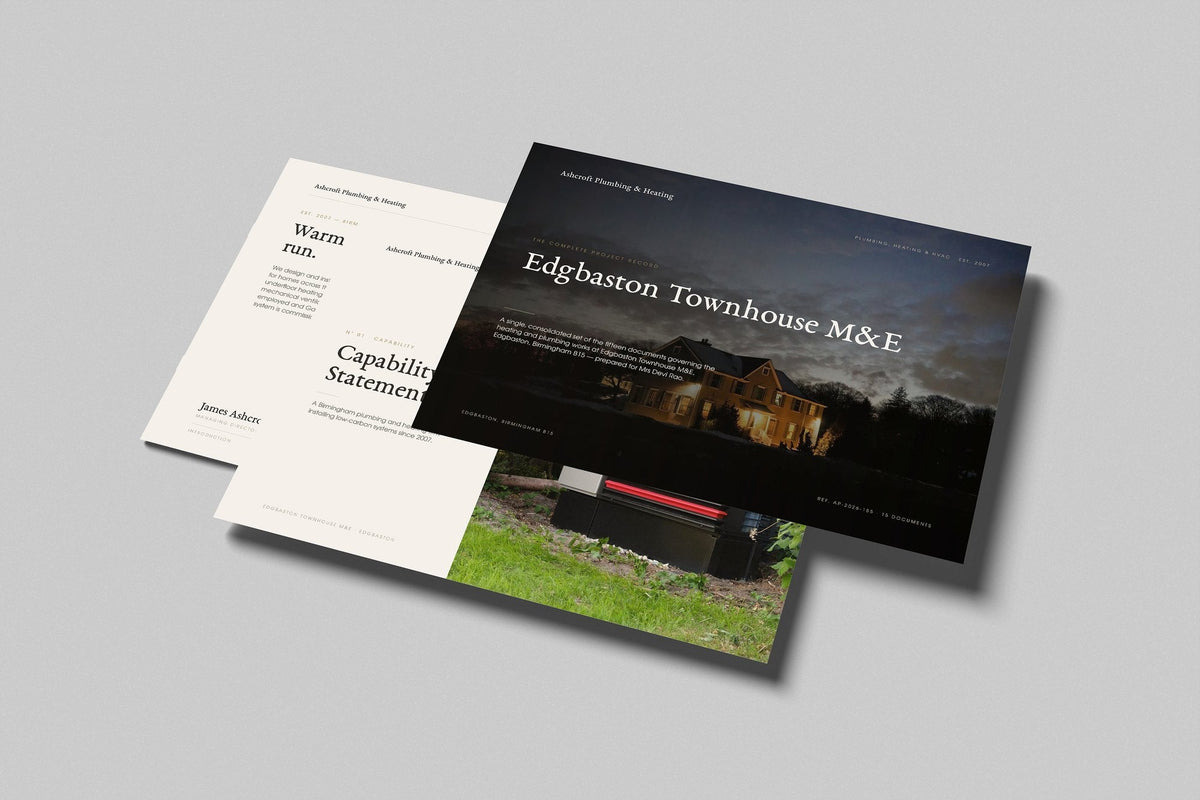 Plumbing & Heating Engineer Project Pack in PowerPoint, printed pages floating