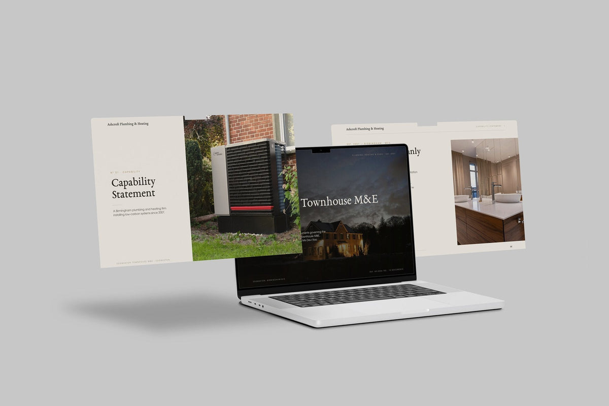 Plumbing & Heating Engineer Project Pack in PowerPoint, shown on laptop screens