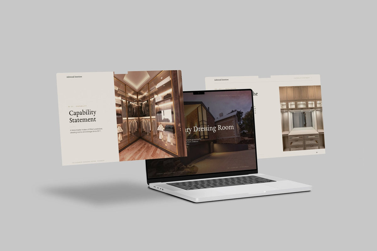 Fitted Wardrobe Installer Project Pack in PowerPoint, shown on laptop screens
