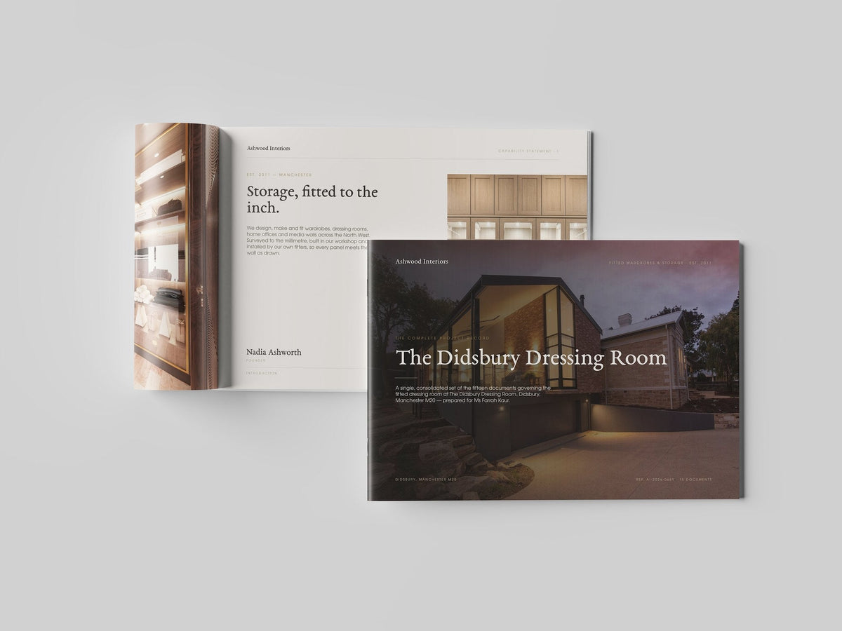 Fitted Wardrobe Installer Project Pack in PowerPoint, printed and open at an inside page