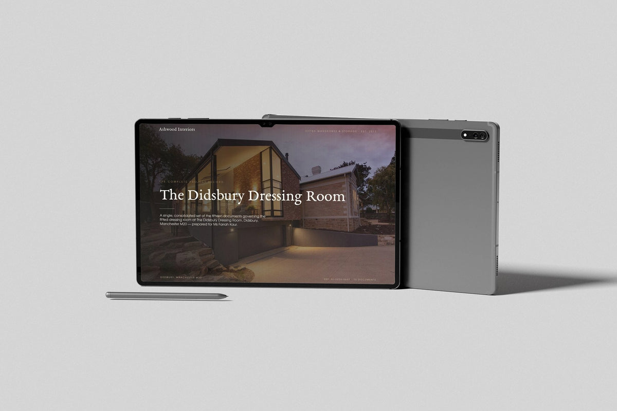 Fitted Wardrobe Installer Project Pack in PowerPoint, shown on a tablet