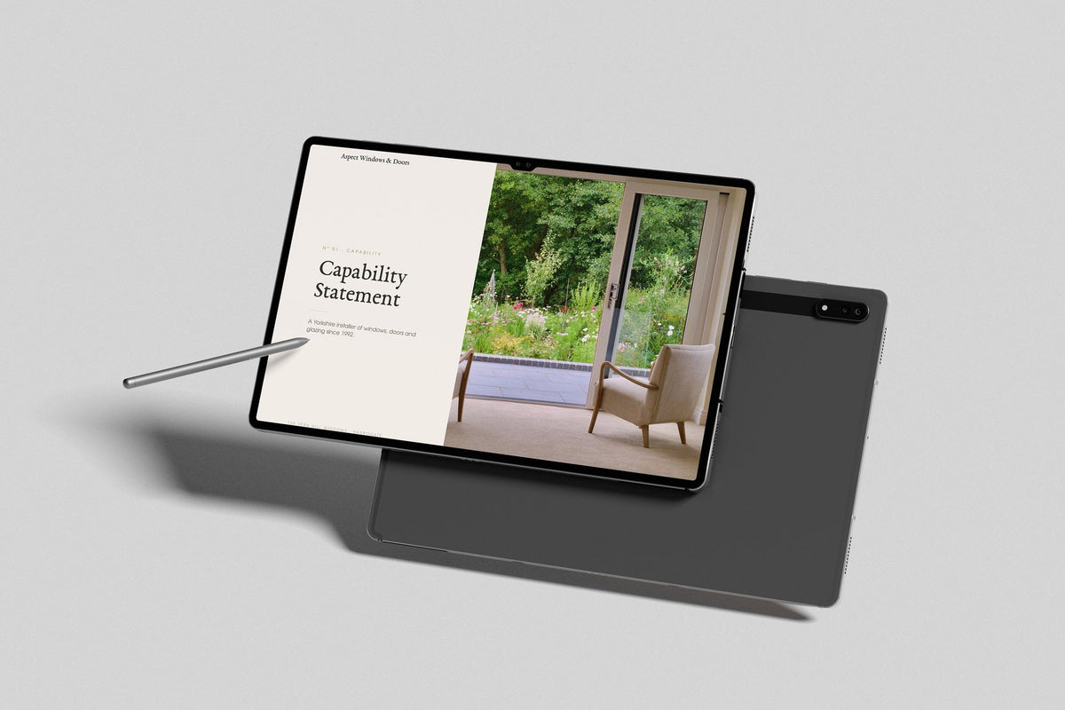 Window & Door Installer Project Pack in PowerPoint, inside pages shown on a tablet