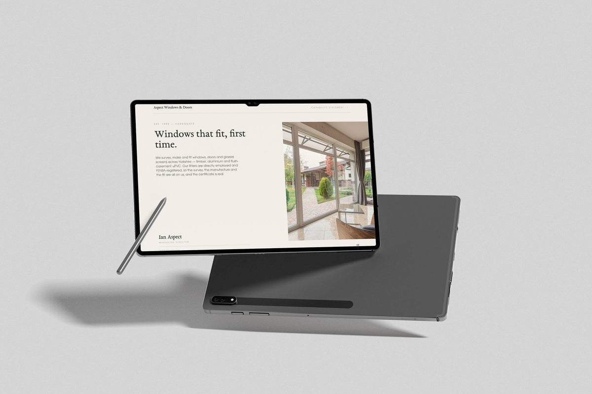 Window & Door Installer Project Pack in PowerPoint, inside pages shown on a tablet