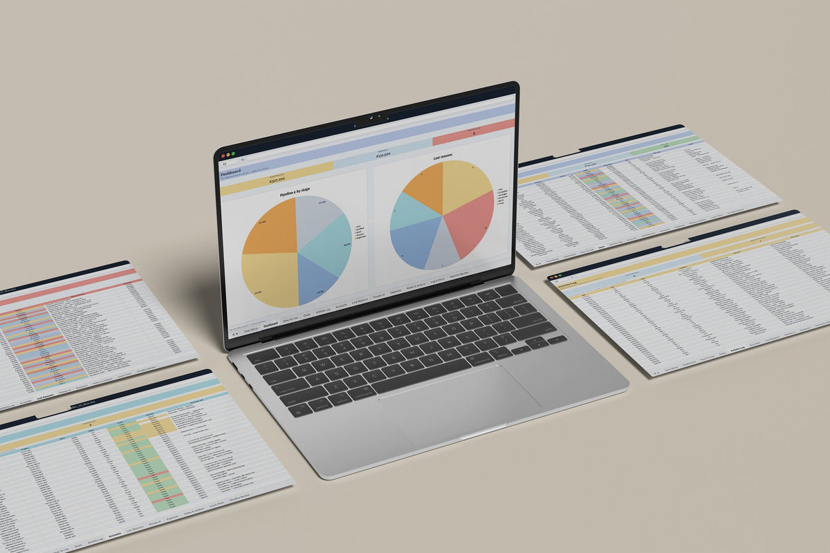 B2B Sales OS Excel template, Dashboard tab on a laptop screen