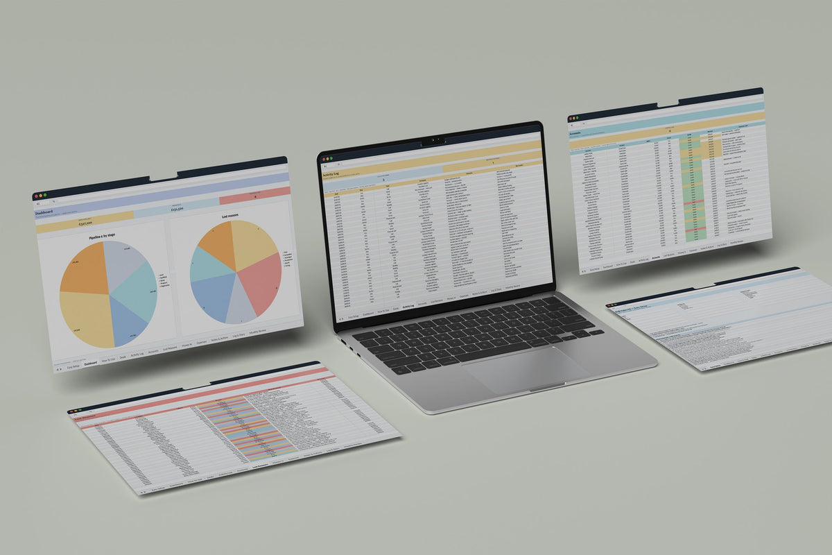 B2B Sales OS Excel template, Activity Log tab on a laptop screen