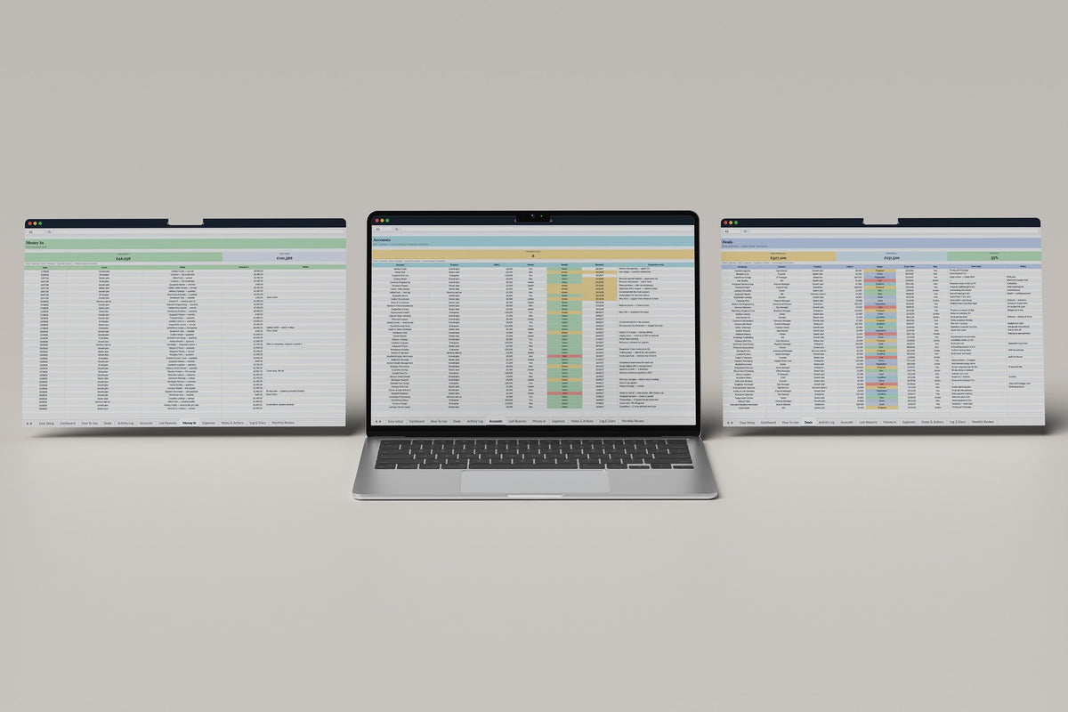 B2B Sales OS Excel template, Accounts tab on a laptop screen