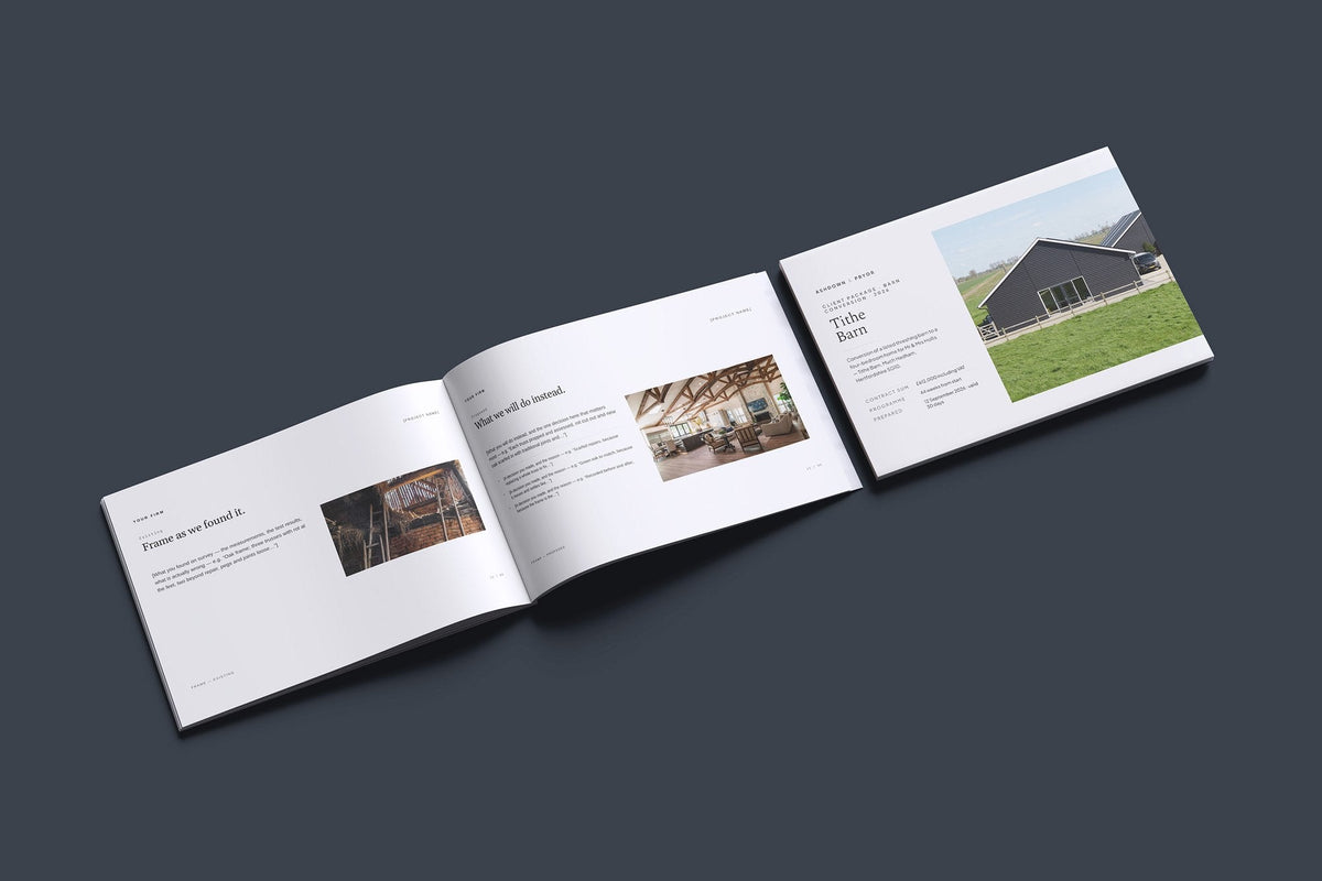 Barn Conversion Client Package, Ivory colourway, cover and inside spread mockup