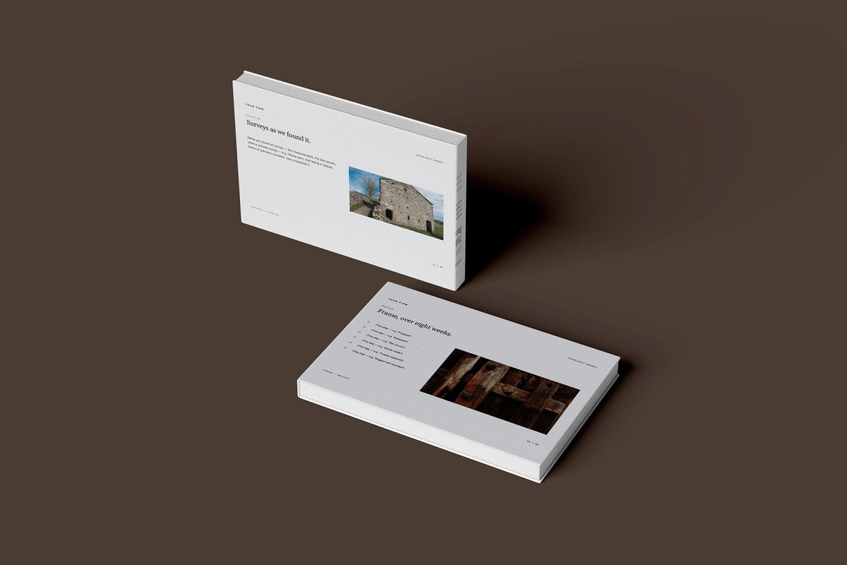 Barn Conversion Client Package, Slate colourway, floating books mockup