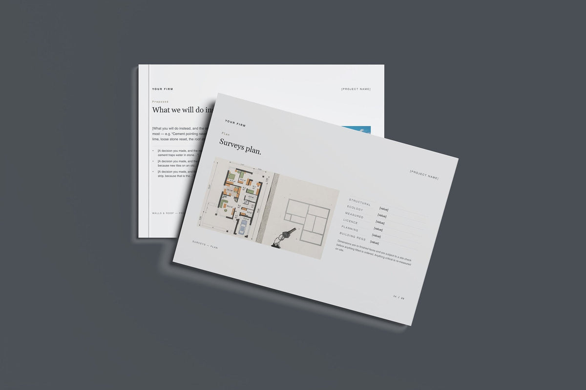 Barn Conversion Client Package, Slate colourway, front and back cover mockup