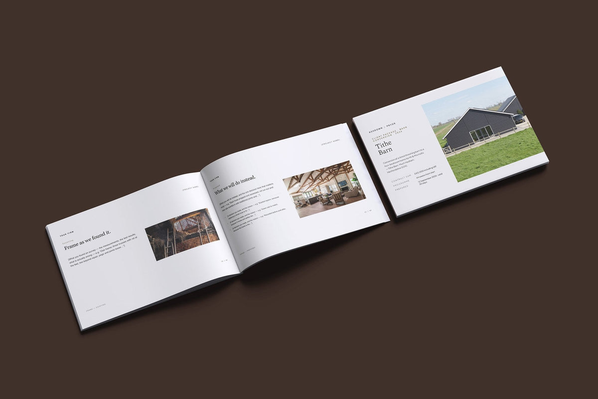 Barn Conversion Client Package, Standard colourway, cover and inside spread mockup