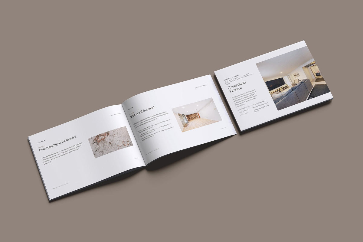 Basement Client Package, Oat colourway, cover and inside spread mockup