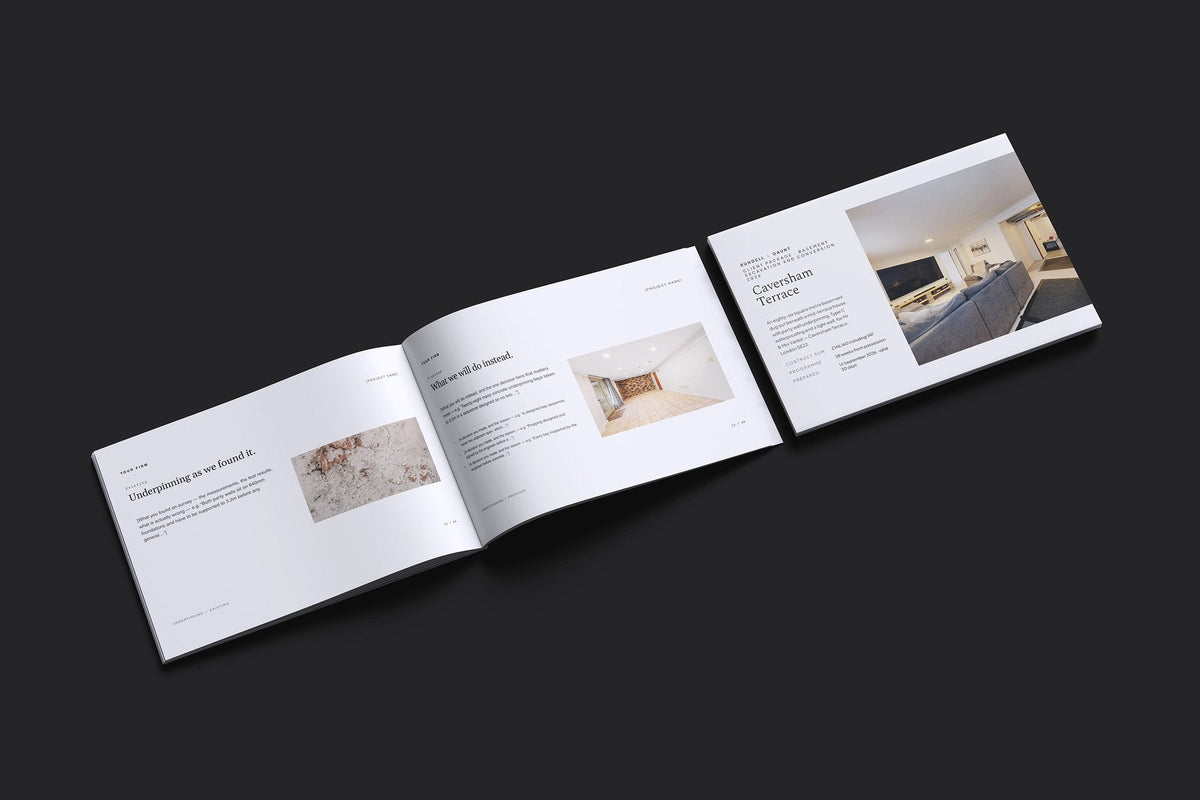 Basement Client Package, Slate colourway, cover and inside spread mockup