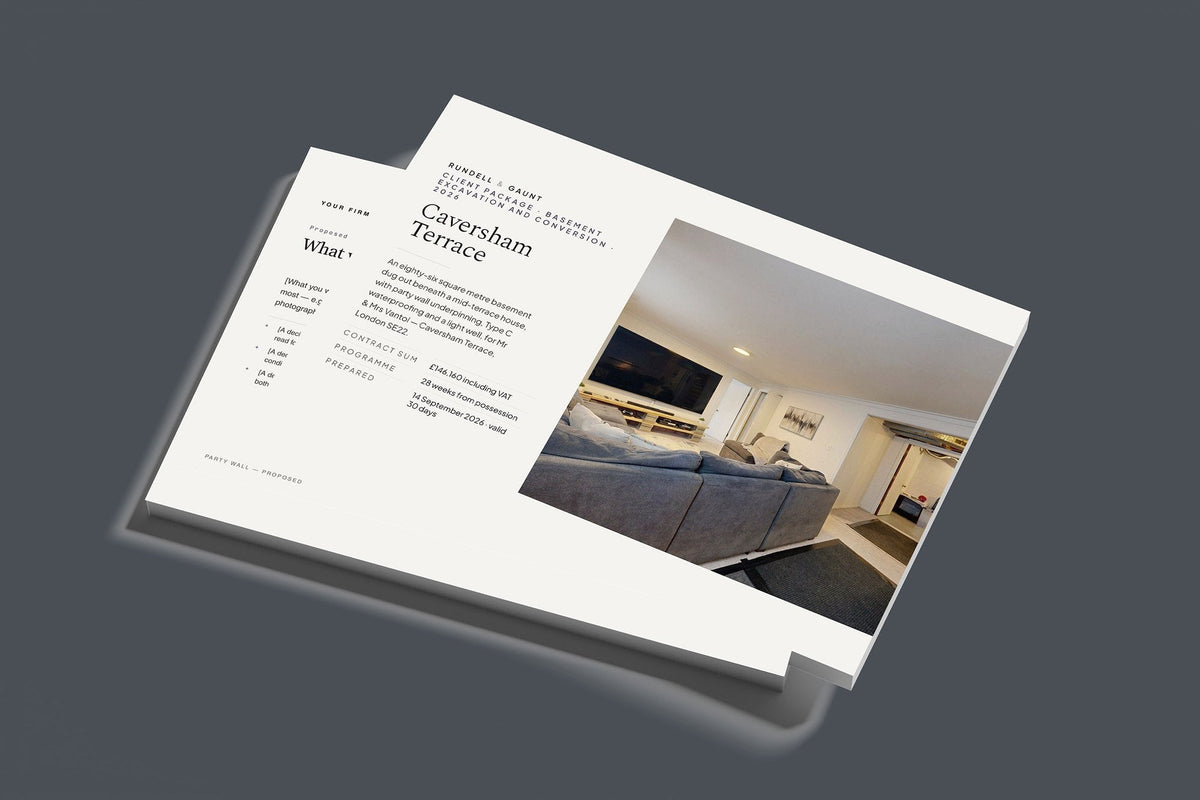 Basement Client Package, Standard colourway, stacked books mockup