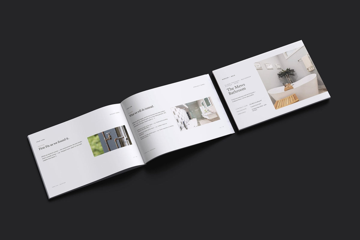 Bathroom Fitter Client Package, Oat colourway, cover and inside spread mockup