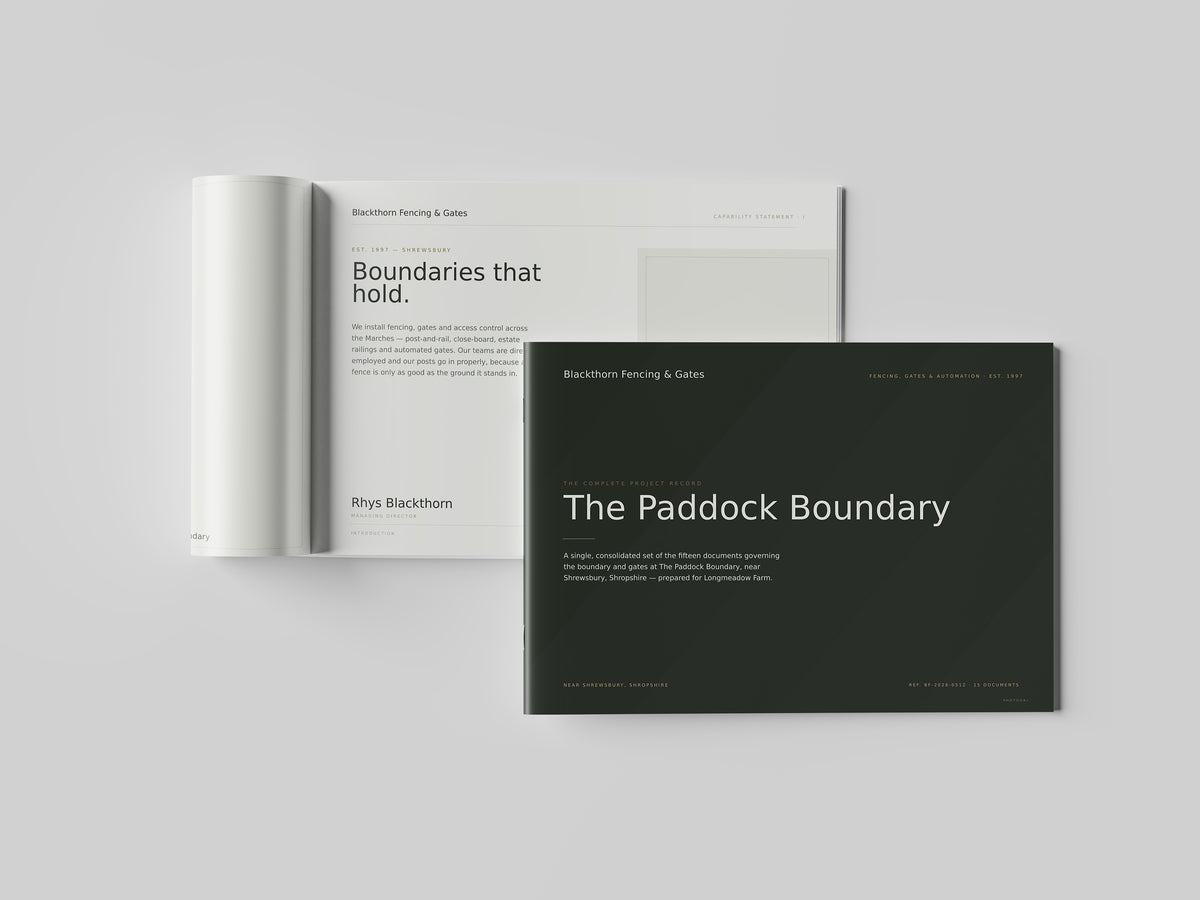 Fencing & Gate Installer Project Pack in PowerPoint, printed and open at an inside page