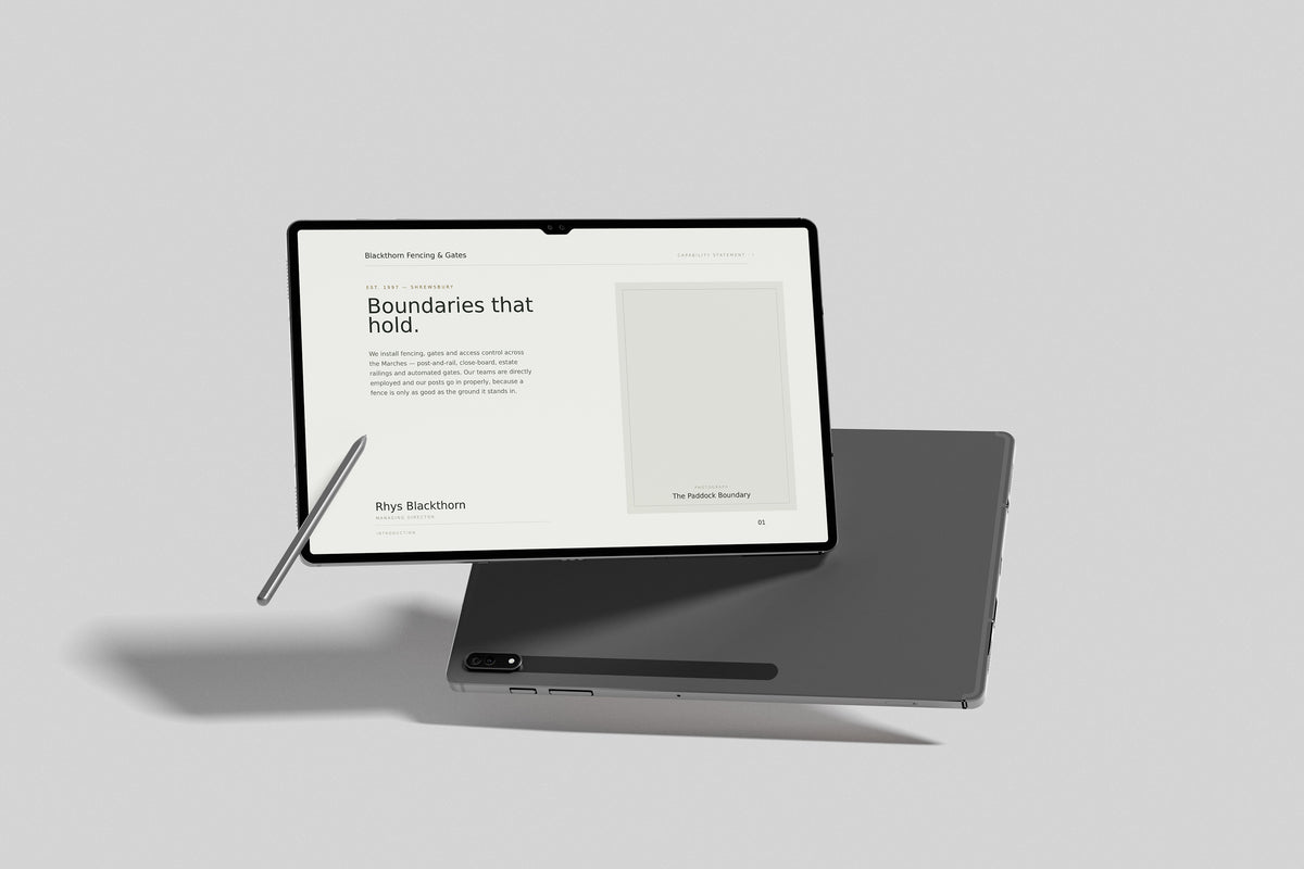 Fencing & Gate Installer Project Pack in PowerPoint, inside pages shown on a tablet