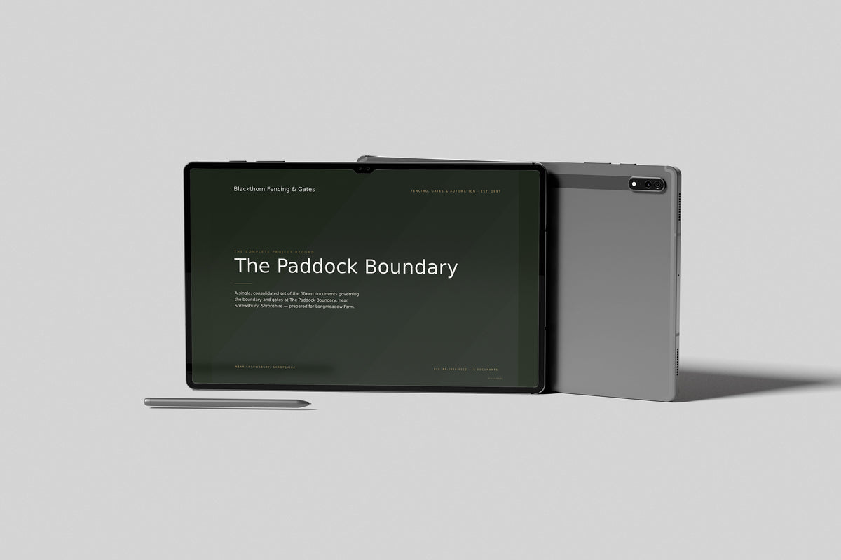 Fencing & Gate Installer Project Pack in PowerPoint, shown on a tablet
