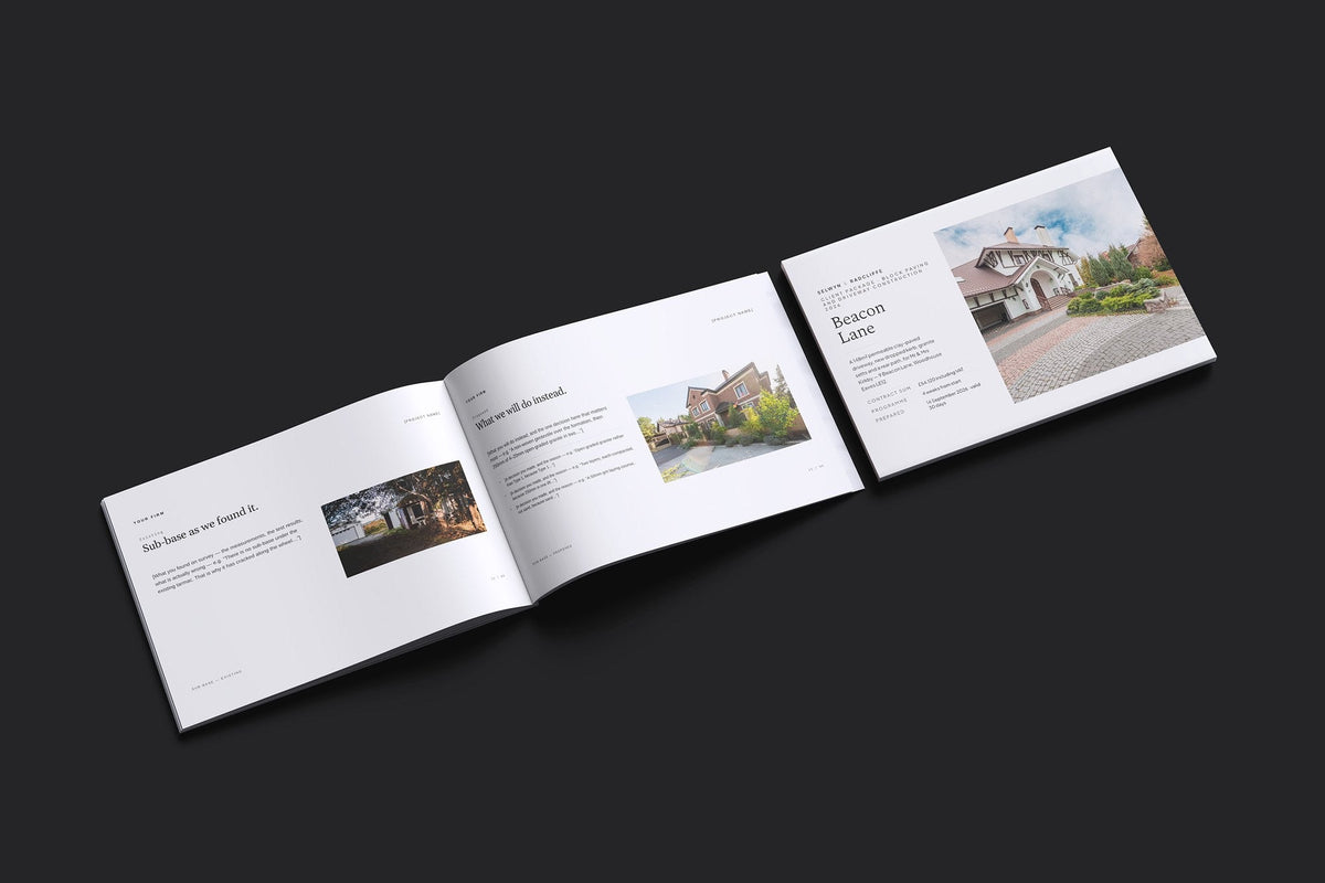 Block Paving Client Package, Ivory colourway, cover and inside spread mockup