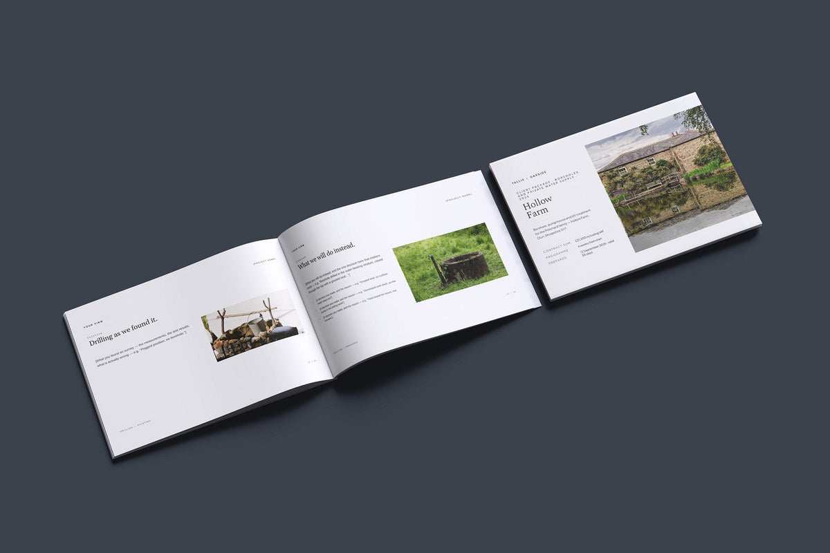 Borehole and Private Water Supply Client Package, Ivory colourway, cover and inside spread mockup