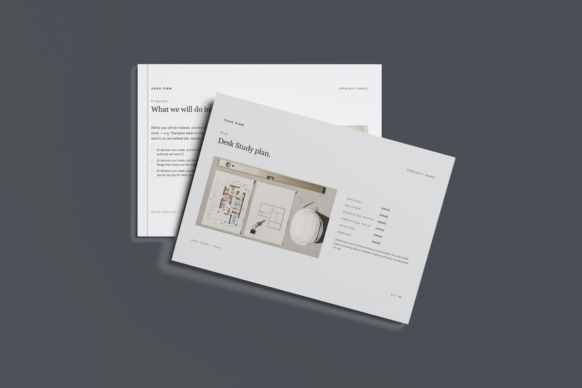 Borehole and Private Water Supply Client Package, Slate colourway, front and back cover mockup