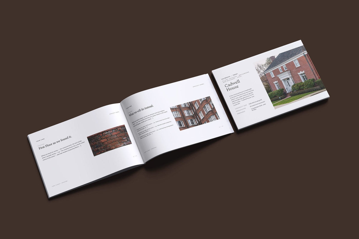 Bricklaying Client Package, Ivory colourway, cover and inside spread mockup
