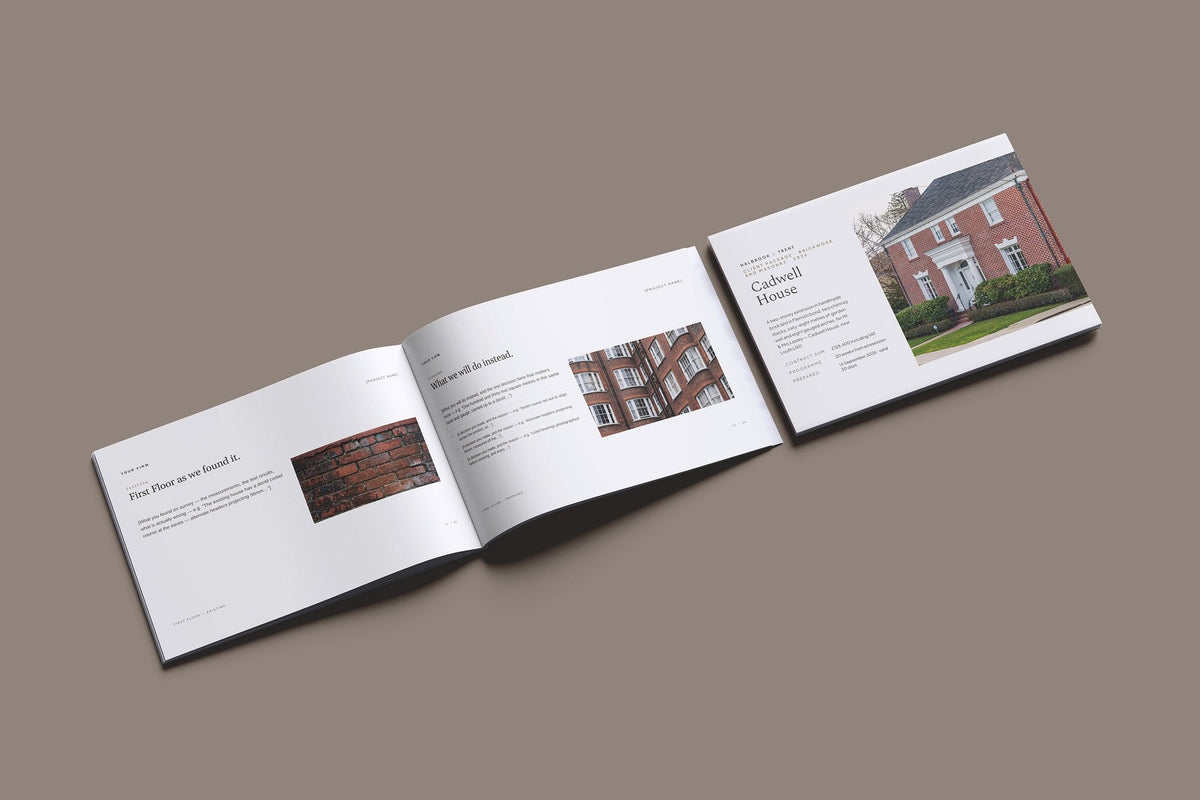 Bricklaying Client Package, Oat colourway, cover and inside spread mockup