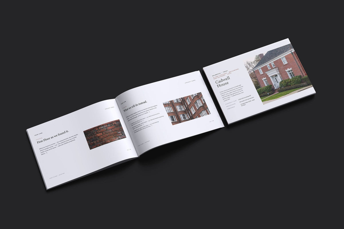 Bricklaying Client Package, Slate colourway, cover and inside spread mockup