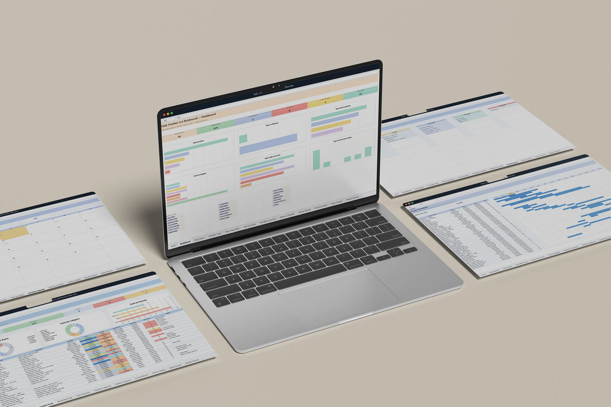 Bricklaying Task Tracker 2.0 Excel template, Dashboard tab on a laptop screen