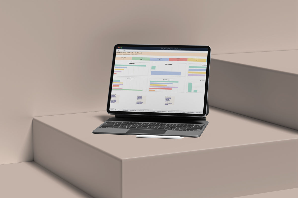 Task Tracker Brickwork Excel template on an iPad with keyboard