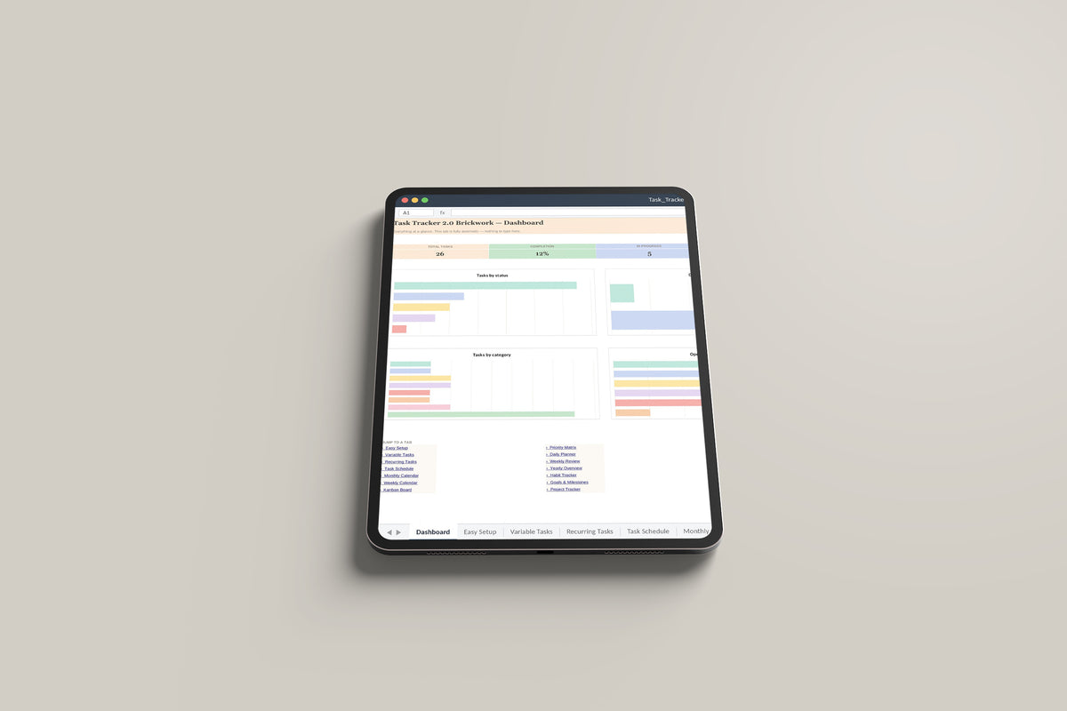 Task Tracker Brickwork Excel template on an iPad Pro