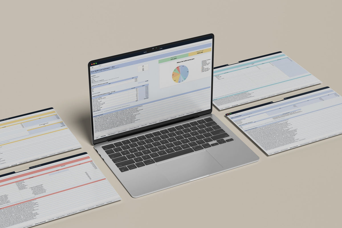 Build Cost Estimator Excel template, Estimator tab on a laptop screen