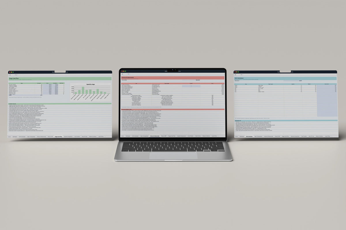 Build Cost Estimator Excel template, Extras and Abnormals tab on a laptop screen
