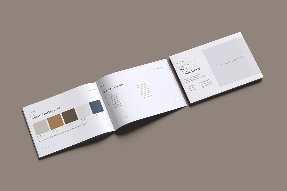 Builder Client Package, Ivory colourway, cover and inside spread mockup