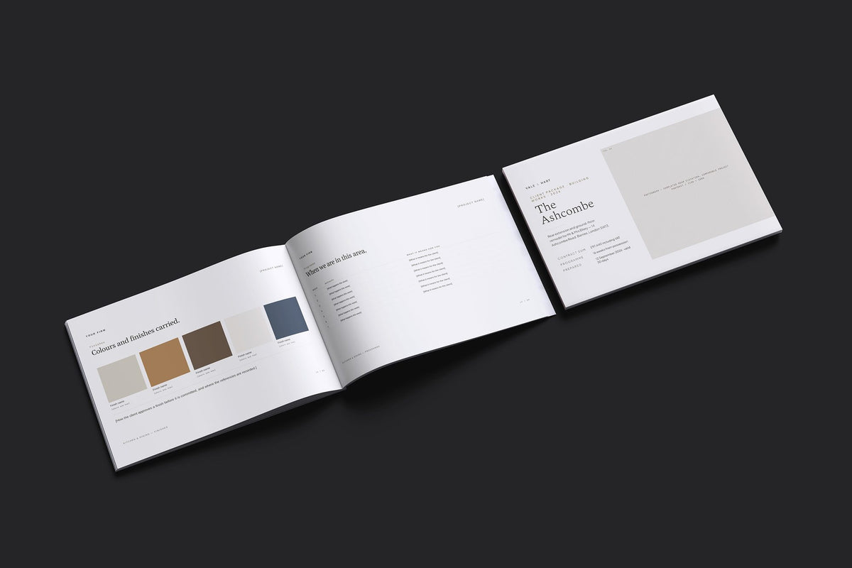 Builder Client Package, Oat colourway, cover and inside spread mockup