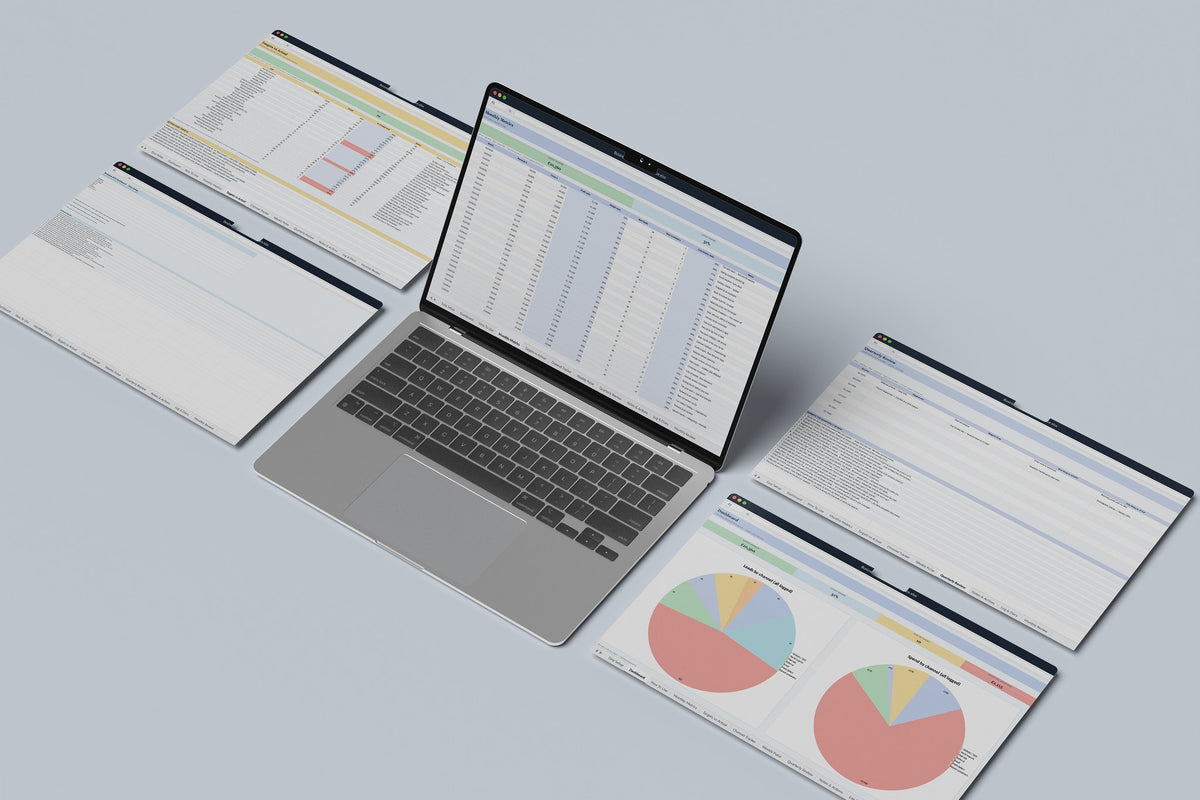 Business KPI Dashboard Excel template, Monthly Metrics tab on a laptop screen