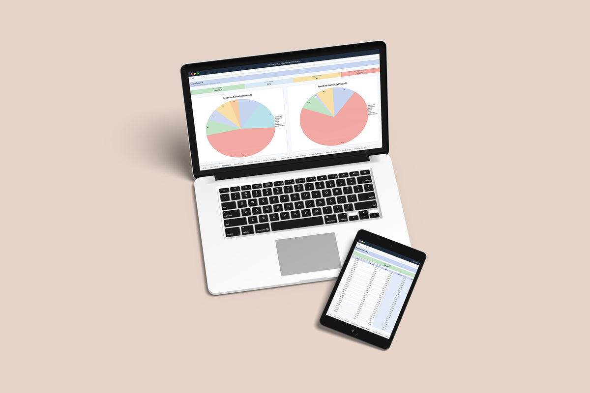 Business KPI Dashboard Excel template on a MacBook and iPad