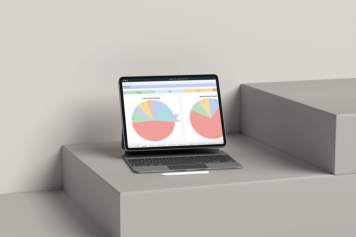Business KPI Dashboard Excel template on an iPad with keyboard