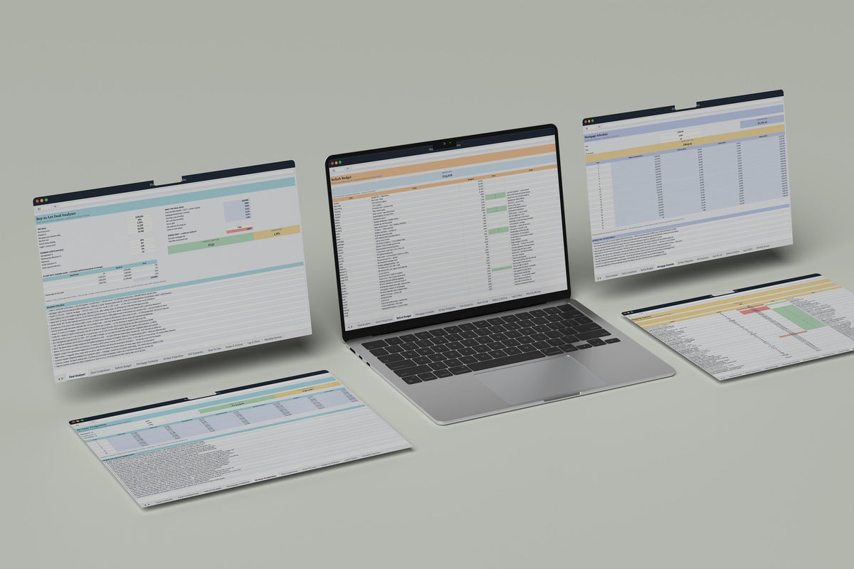 Buy to Let Analyser Excel template, Refurb Budget tab on a laptop screen