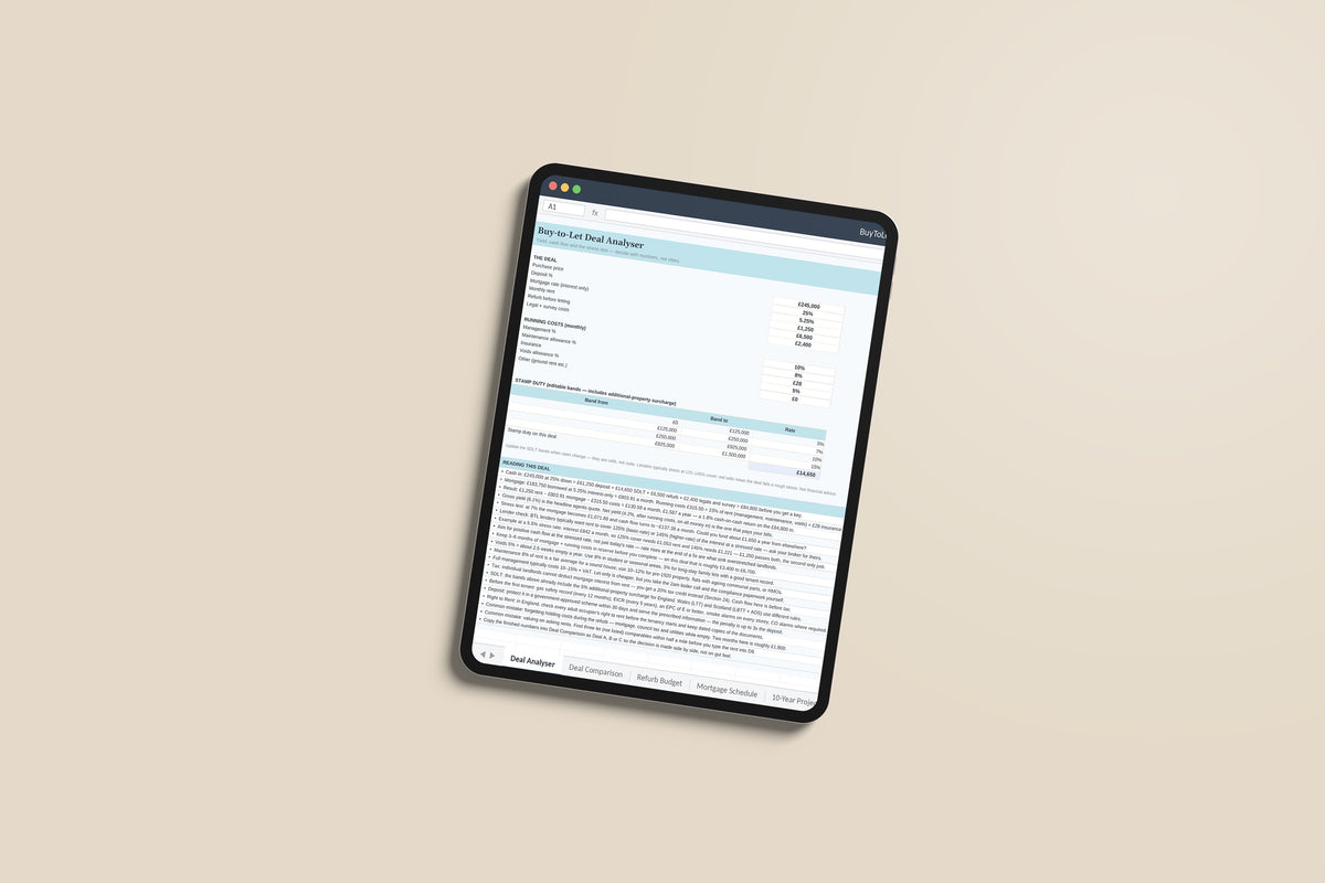 BuyToLet Analyser Excel template on an iPad Pro