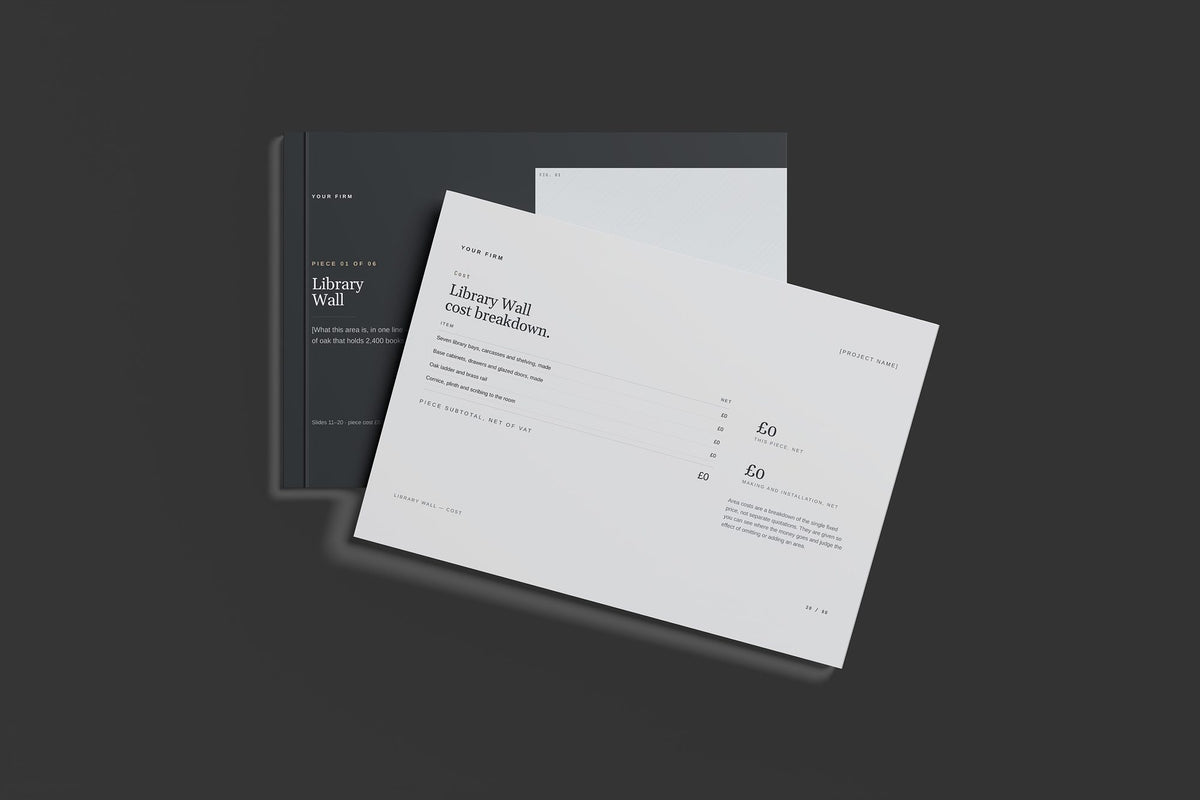 Cabinetmaker Client Package, Slate colourway, front and back cover mockup