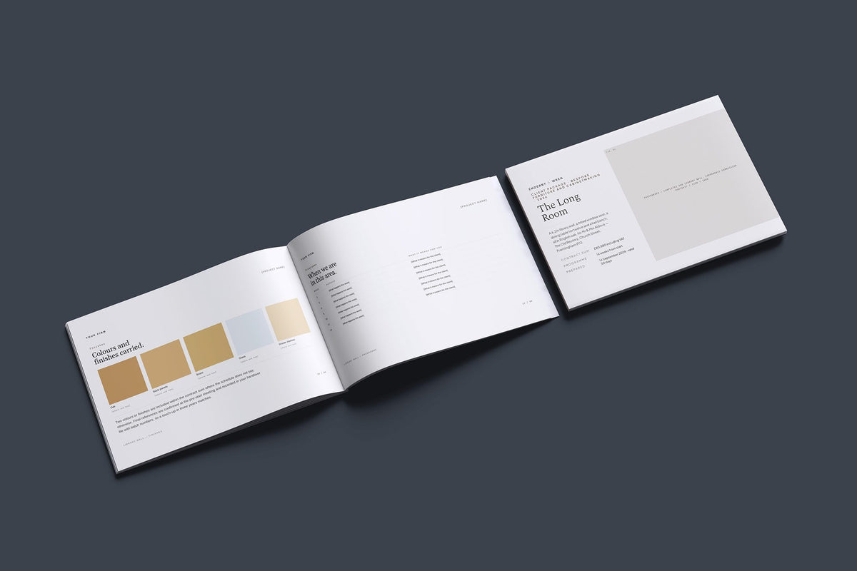 Cabinetmaker Client Package, Standard colourway, cover and inside spread mockup