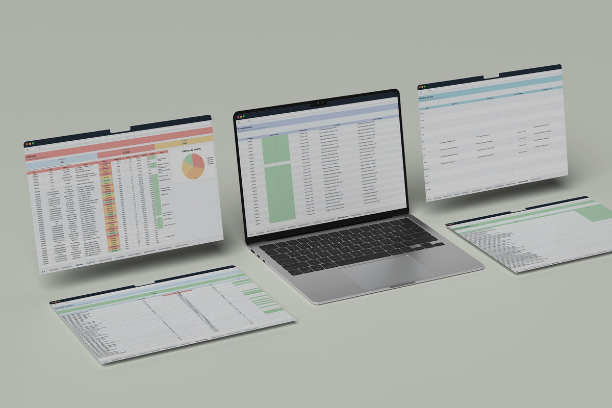 Call Out Log Excel template, Weekly Review tab on a laptop screen